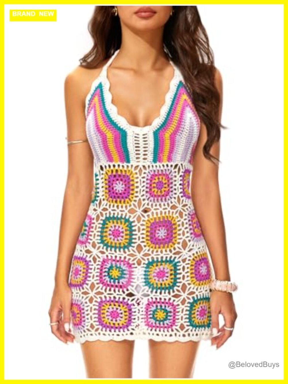 Hand Crocheted Aztec Halter Cover Up Dress 100% Acrylic Beach